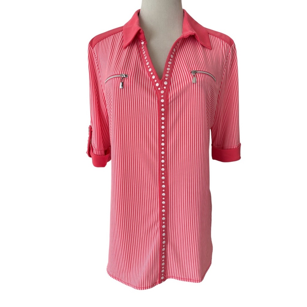 Nygard Top Blouse Tunic Women Petite M Striped Pink White 3/4 Sleeve Stretch - Picture 2 of 14
